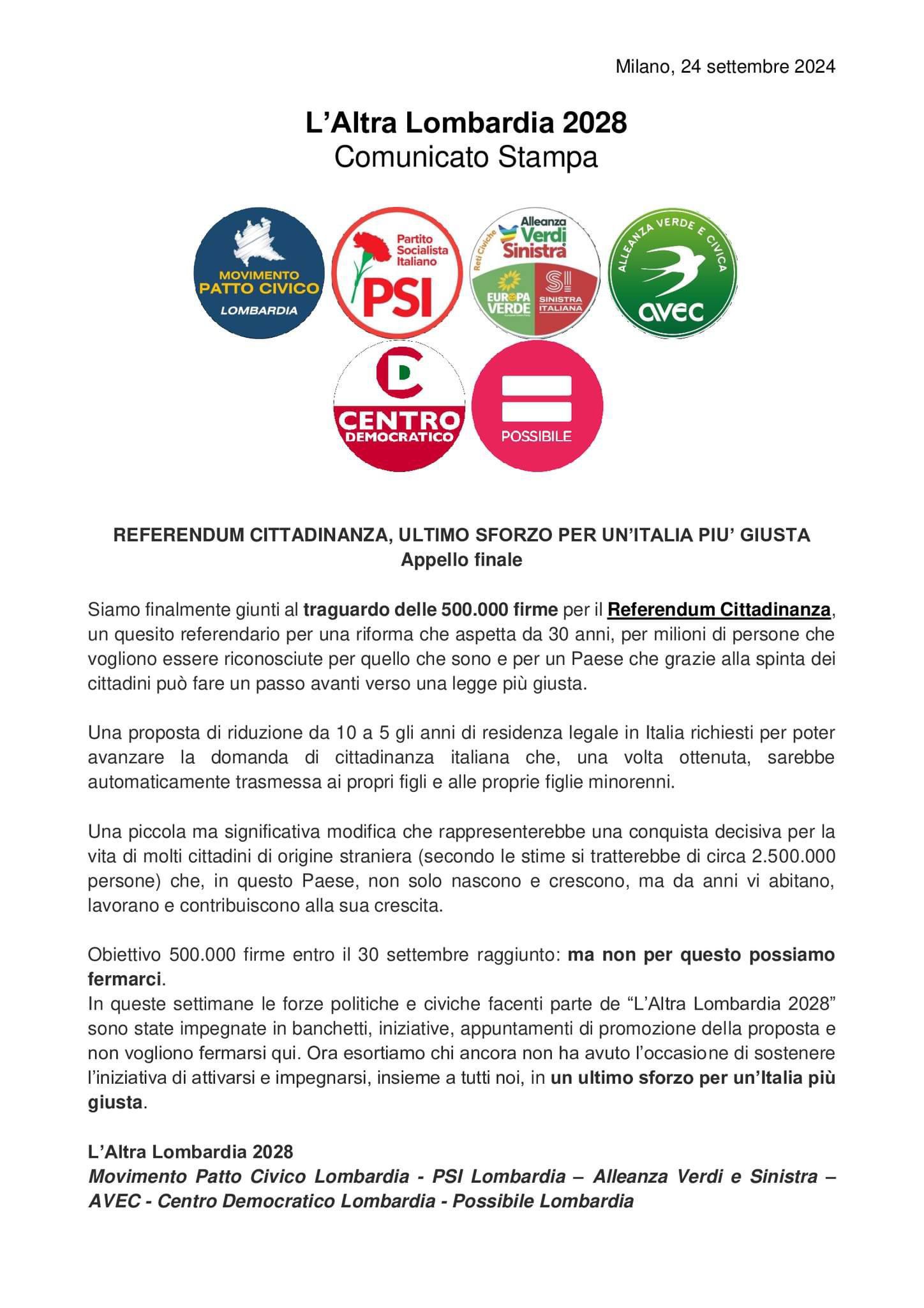 l'altra Lombardia 2028 - comunicato referendum cittadinanza